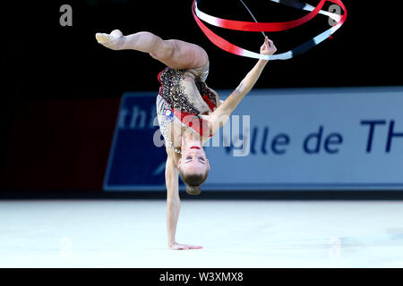 Ekaterina Vedeneeva from Slovenia performs her ribbon routine during 2019 Grand Prix de Thiais Stock Photo