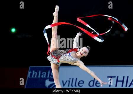 Ekaterina Vedeneeva from Slovenia performs her ribbon routine during 2019 Grand Prix de Thiais Stock Photo