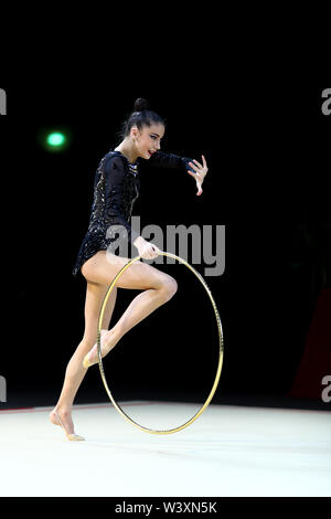 Yeva Meleshchuk from Ukraine performs her hoop routine during 2019 Grand Prix de Thiais Stock Photo