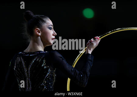 Yeva Meleshchuk from Ukraine performs her hoop routine during 2019 Grand Prix de Thiais Stock Photo
