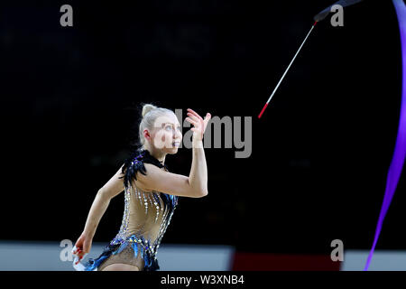 Ksenia Moustafaeva from France performs her ribbon routine during 2019 Grand Prix de Thiais Stock Photo