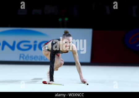 Ekaterina Vedeneeva from Slovenia performs her clubs routine during 2019 Grand Prix de Thiais Stock Photo