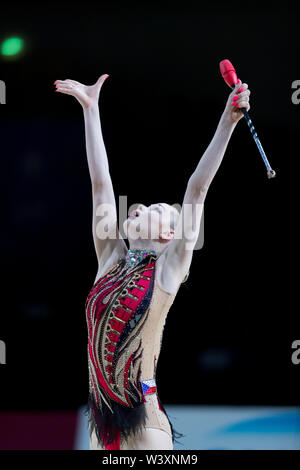 Sabina Zalesakova from Czech Republic performs her clubs routine during 2019 Grand Prix de Thiais Stock Photo