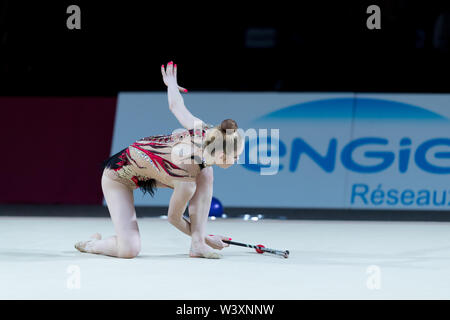 Sabina Zalesakova from Czech Republic performs her clubs routine during 2019 Grand Prix de Thiais Stock Photo