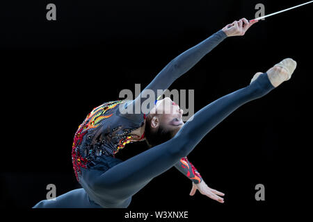 Vlada Nikolchenko from Ukraine performs her ribbon routine during 2019 Grand Prix de Thiais Stock Photo