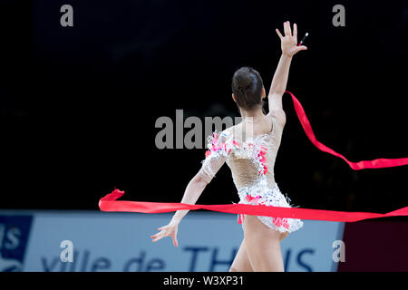 Dina Averina from Russia performs her ribbon routine during 2019 Grand Prix de Thiais Stock Photo