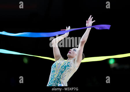 Katsiaryna Halkina from Belarus performs her ribbon routine during 2019 Grand Prix de Thiais Stock Photo