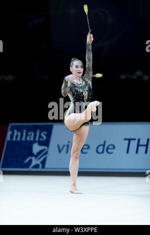 Katsiaryna Halkina from Belarus performs her clubs routine during 2019 Grand Prix de Thiais Stock Photo