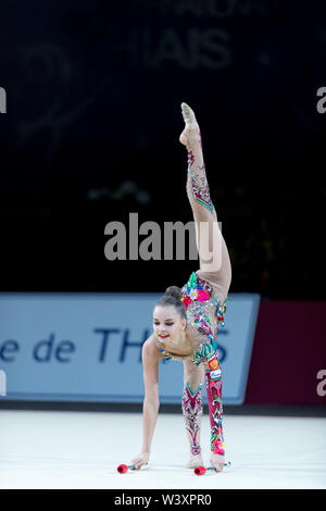Arina Averina from Russia performs her clubs routine during 2019 Grand Prix de Thiais Stock Photo