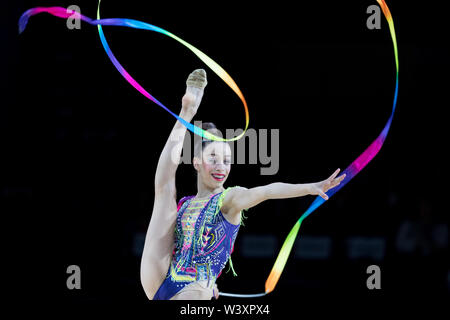 Maria Ano from Spain performs her ribbon routine during 2019 Grand Prix de Thiais Stock Photo