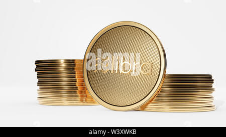 Concept of golden Libra coins with logo on front. New project of digital crypto currency payment.  3D render Coin placed on a white background. Stock Photo