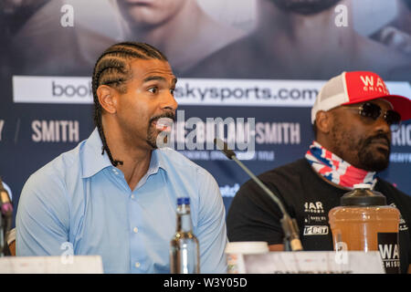 LONDON, UNITED KINGDOM. 18th Jul, 2019. David Haye (left) andDerek Chisora aka Derek War (right) during Matchroomboxing presents Dillian Whyte vs Oscar Rivas Press Conference at Canary Riverside Plaza Hotel on Thursday, July 18, 2019 in LONDON, ENGLAND.  (Editorial use only, license required for commercial use. No use in betting, games or a single club/league/player publications.) Credit: Taka G Wu/Alamy Live News Stock Photo