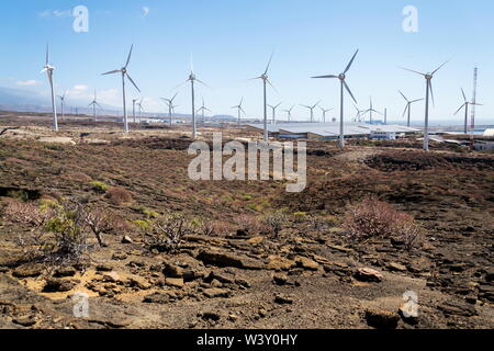 White turbines at wind farm with power station and sea in background, arid landscape on sunny summer day, sustainable renewable electricity concept Stock Photo