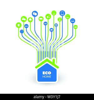 Cloud Computing, IoT, IIoT, Eco Green Home, Alternative Energy, Network Connections, Digital Data Exchange, Cooperation, IT or Technology Concept Stock Vector