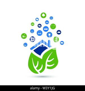 Cloud Computing, IoT, IIoT, Eco Green Home, Alternative Energy, Network Connections, Digital Data Exchange, Cooperation, IT or Technology Concept Stock Vector