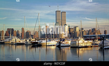 View of Manhattan and World Trade Center from New  Jersey bank in winter 1999 Stock Photo