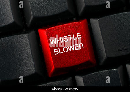 Whistleblowing concept: Black keyboard with a red key and the whistleblower word Stock Photo