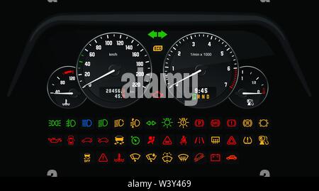 Car control interface with a set of information icons indicating the status of the car. Vector illustration, template for game or web app Stock Vector