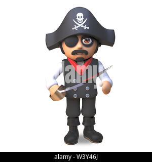 Pirate sea captain in eyepatch and skull and crossbones hat wields a ...