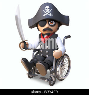 Injured pirate sea captain in skull and crossbones hat and eyepatch sits in a wheelchair holding his cutlass, 3d illustration render Stock Photo