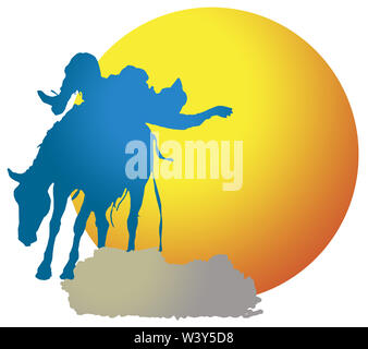 Illustration of a Bronco Rider at rodeo done in silhouette in blues and yellow sun in back on white background Stock Photo
