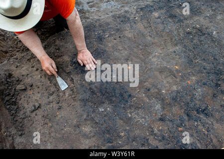 18 July 2019, Saxony-Anhalt, Kemberg: Louis Daniel Nebelsick, professor of archaeology and excavation director, uses a spatula to uncover the charred remains of a wall. The excavation is a German-Polish project between the University of Warsaw and the State Office for Monument Preservation in Saxony-Anhalt. The students dig at the late Bronze Age Early Iron Age castle wall of Kemberg, where one of the most important prehistoric castles in Central Germany once stood. Photo: Klaus-Dietmar Gabbert/dpa-Zentralbild/ZB Stock Photo