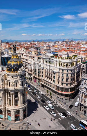 Elevated View of Metropolis Building, Grand Via and Madrid, Madrid, Spain Stock Photo