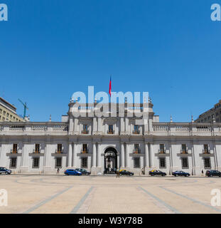 SANTIAGO DE CHILE, CHILE - JANUARY 26, 2018: View of the presidential palace, known as La Moneda, in Santiago, Chile. This palace was bombed in the co Stock Photo