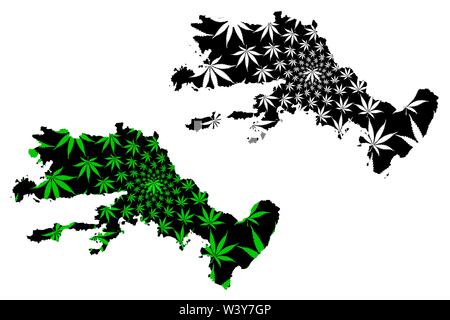 Mugla (Provinces of the Republic of Turkey) map is designed cannabis leaf green and black, Mugla ili map made of marijuana (marihuana,THC) foliage, Stock Vector