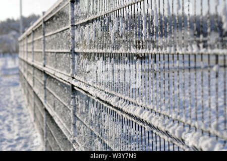 Sticking of snow on a metal fence in the background. Stock Photo