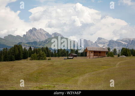Hay meadows and barn the Alpe di Siusi with the Gran Cir and Sas Ciampac viewed in the distance Ortisei Val Gardena Dolomites South Tyrol Italy Stock Photo