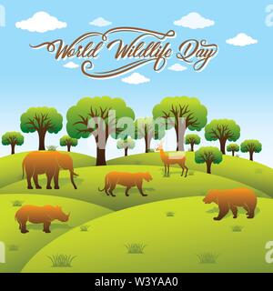 world wildlife day banner design, animal in forest design by brush stroke concept Stock Vector