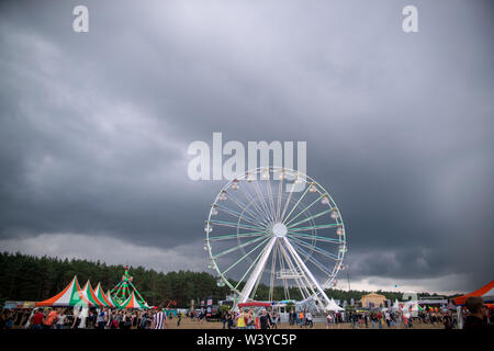 Neustadt Glewe, Germany. 12th July, 2019. Visitors dance in front of the main stage of the electro festival 'Airbeat One'. The festival is one of the largest electronic music festivals in Northern Germany and, according to the organizers, had 180,000 visitors over several days last year. Credit: Jens Büttner/dpa-Zentralbild/ZB/dpa/Alamy Live News Stock Photo