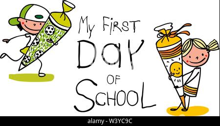 First Day of school - Happy first graders boy and girl with candy cones - colorful hand drawn cartoon. Suitable for horizontal banner or card. Stock Vector