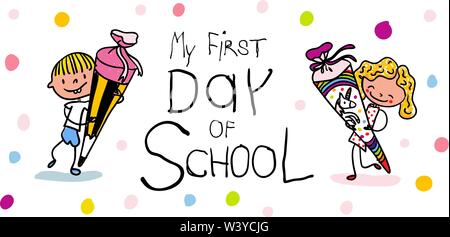 First Day of school - Happy first graders boy and girl with candy cones - colorful hand drawn cartoon. Suitable for horizontal banner or card. Stock Vector