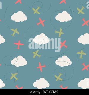 Vector seamless pattern with clouds and planes Stock Vector