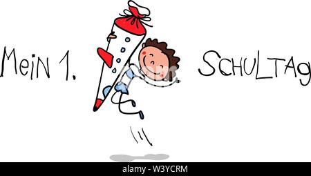 First Day of school - Happy first grader with school cone jumping for joy - colorful hand drawn cartoon. Suitable for banner or card. Stock Vector