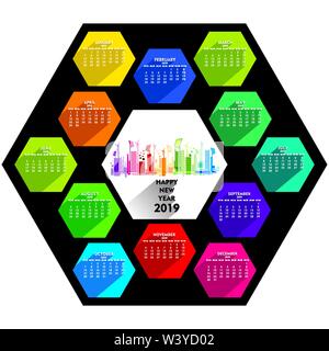 colorful hexagonal shape new year calender 2019 design, colorful city concept Stock Vector