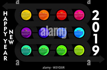 colorful path style new year calender 2019 design Stock Vector