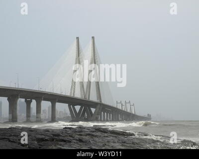 The Bandra-Worli Sea Link, officially called Rajiv Gandhi Sea Link, is a cable-stayed bridge that links Bandra in the Western Suburbs of Mumbai with W Stock Photo