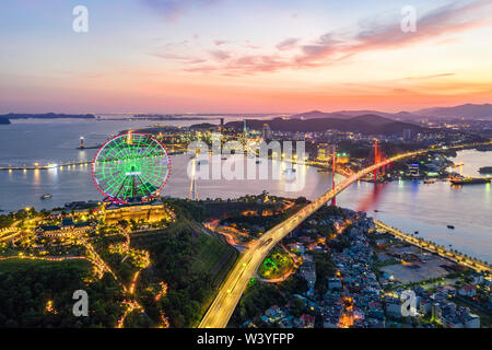 Aerial view of Sun World Halong park, with Sun Wheels and underwater games. Halong City, Vietnam. Near Halong Bay, UNESCO World Heritage Site. Stock Photo