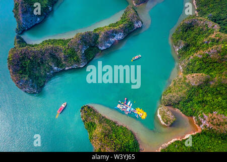 Aerial view of Sang cave and Kayaking area, Halong Bay, Vietnam, Southeast Asia. UNESCO World Heritage Site. Junk boat cruise to Ha Long Bay. Stock Photo