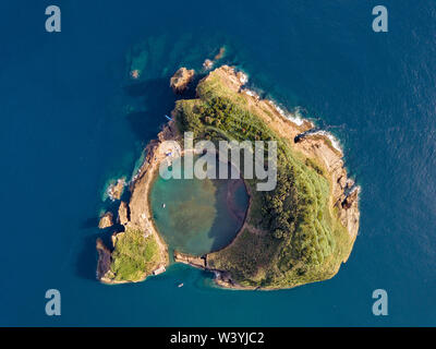 Azores aerial panoramic view. Top view of Islet of Vila Franca do Campo. Crater of an old underwater volcano. San Miguel island, Azores, Portugal. Hea Stock Photo