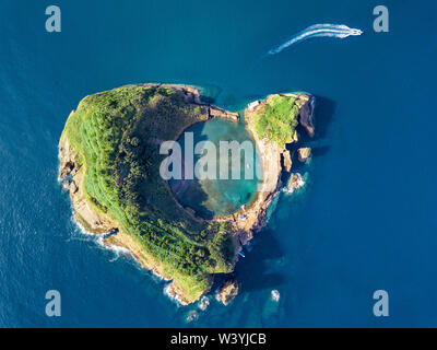 Azores aerial panoramic view. Top view of Islet of Vila Franca do Campo. Crater of an old underwater volcano. San Miguel island, Azores, Portugal. Hea Stock Photo