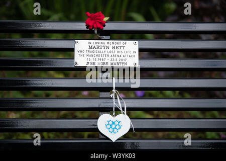 18 Jul 2019, Stockport, United Kingdom. The memorial bench to Martyn Hett, one of the 22 people who died during an explosion at the Manchester Arena o Stock Photo