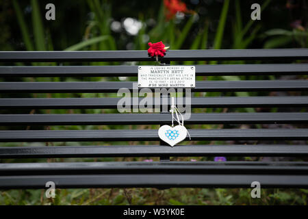 18 Jul 2019, Stockport, United Kingdom. The memorial bench to Martyn Hett, one of the 22 people who died during an explosion at the Manchester Arena o Stock Photo