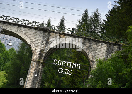 Cortina d'Ampezzo - July 2019: Bridge with arches located in Cortina D'Ampezzo, Veneto. Sexten Dolomites in Italy. Europe. Stock Photo