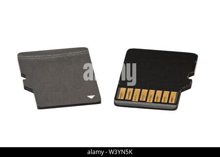 Macro Photo of the Front and Back of Micro SD Cards, Isolated on a White Background Stock Photo