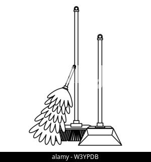 Set of cleaning equipment and products in black and white Stock Vector