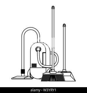 Set of cleaning equipment and products in black and white Stock Vector